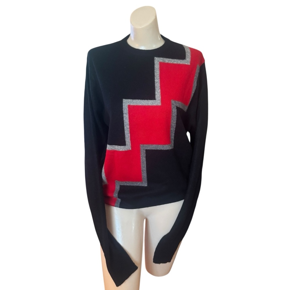 Vintage B. Altman Black Cashmere Sweater with Retro Red and Gray Zigzag Design